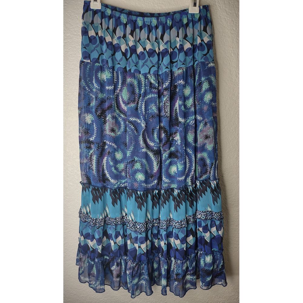 Notations Maxi Skirt Size Small Blue Elastic Waist Flowy Abstract Geometric Boho
